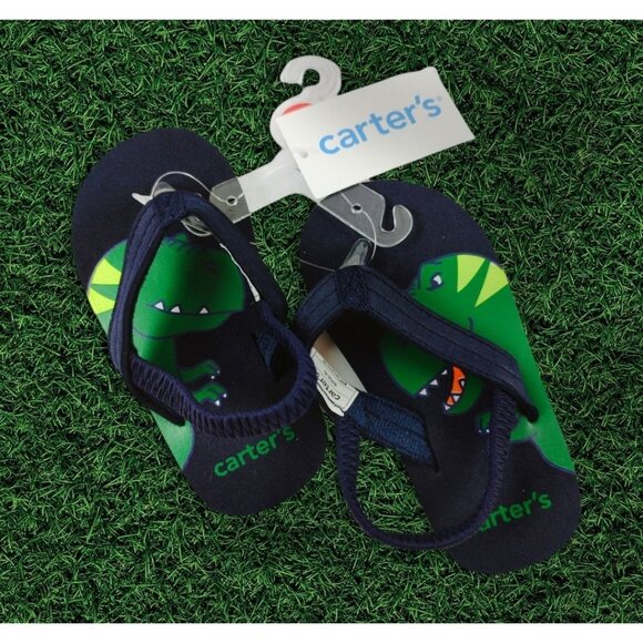 Carters Dinosaur Flip Flops Size 7/8 Childrens Navy & Green Rubber Sandals - Picture 2 of 2